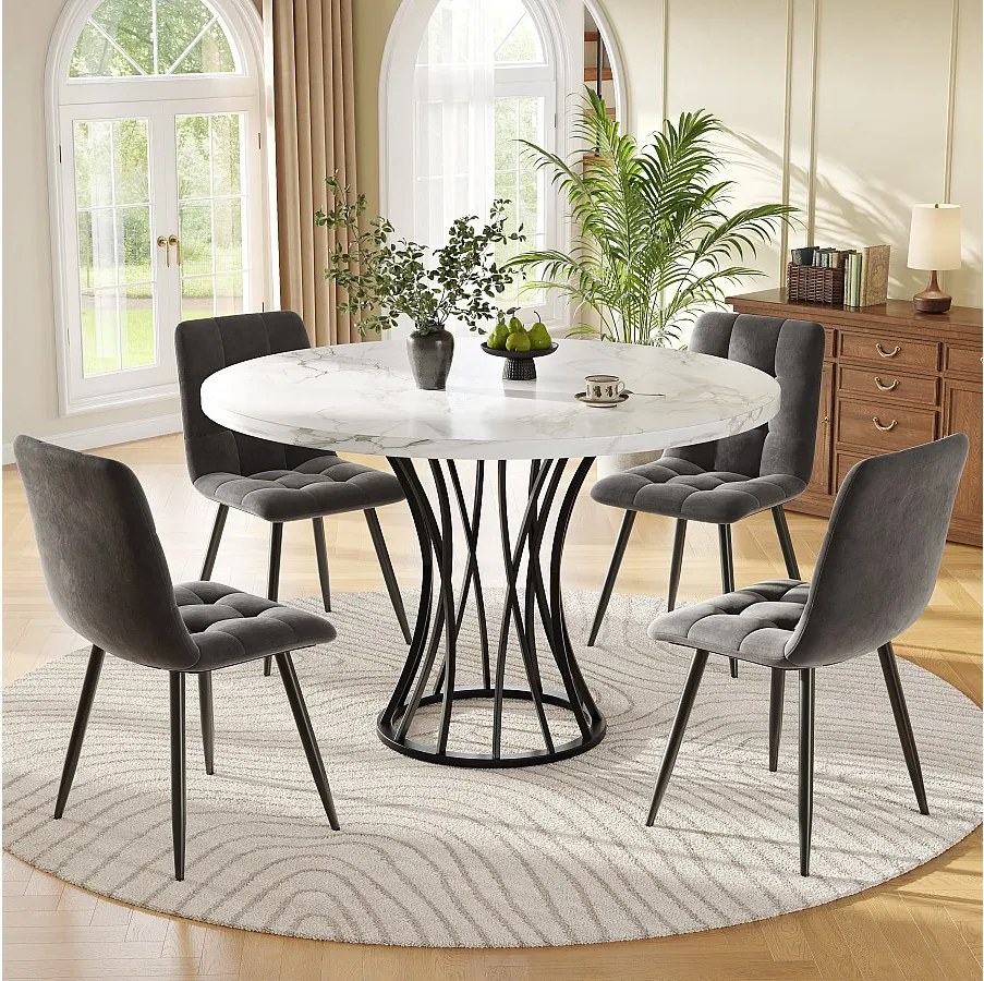 Zestaw okrągły stół jadalny + 4 krzesła welurowe - D 80 x W 76 cm - Nogi z płyty MDF i czarnego metalu - Efekt marmuru - Biały + szary