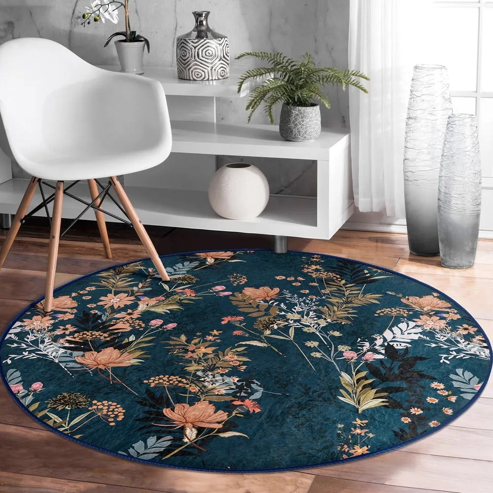 Ciemnoniebieski okrągły dywan odpowiedni do prania i robotów sprzątających ø 80 cm Comfort – Mila Home