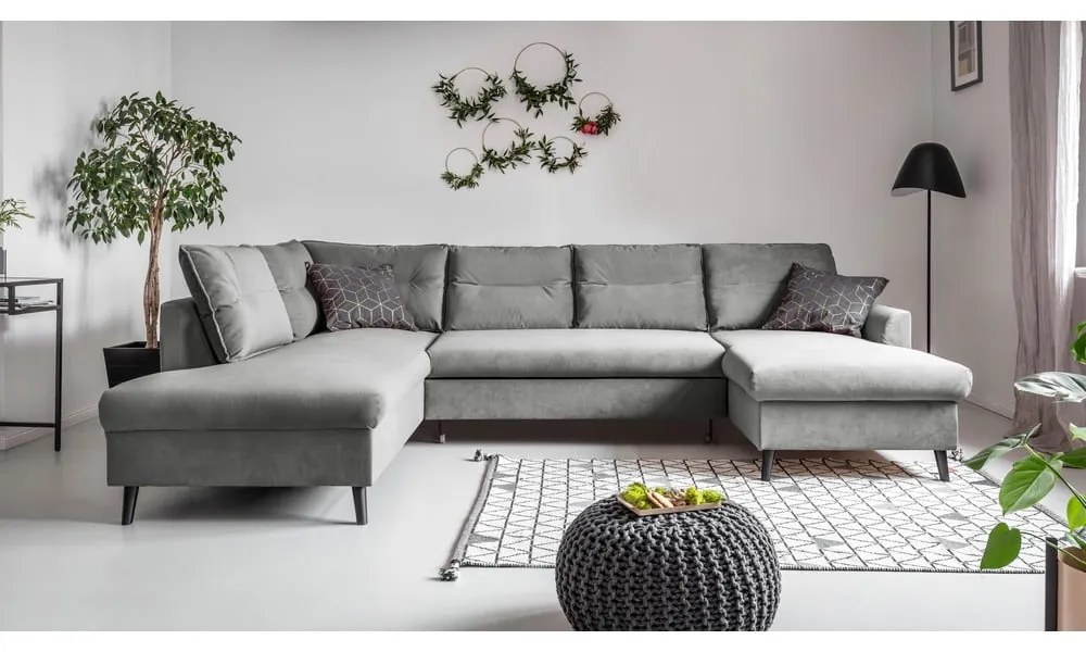 Jasnoszara aksamitna rozkładana sofa w kształcie litery "U" Miuform Stylish Stan, lewostronna