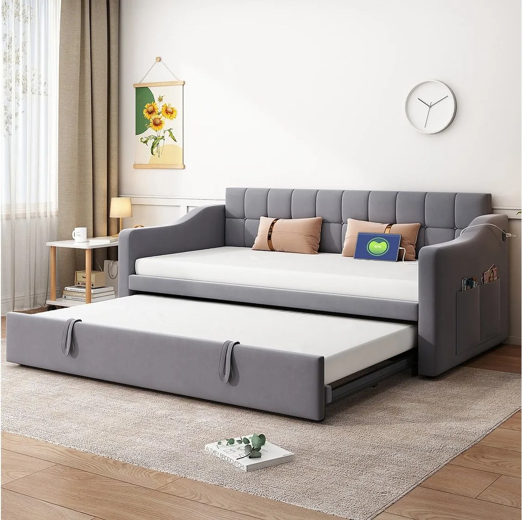 Sofa rozkładana 90/180x190 cm, szary aksamit, z wysuwanym łóżkiem i gniazdem USB – bez materaca