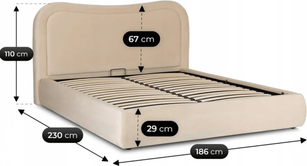 Łóżko Tapicerowane 160x200 cm HAGA ze Stelażem i Pojemnikiem Dwuosobowe Welurowe Kremowe