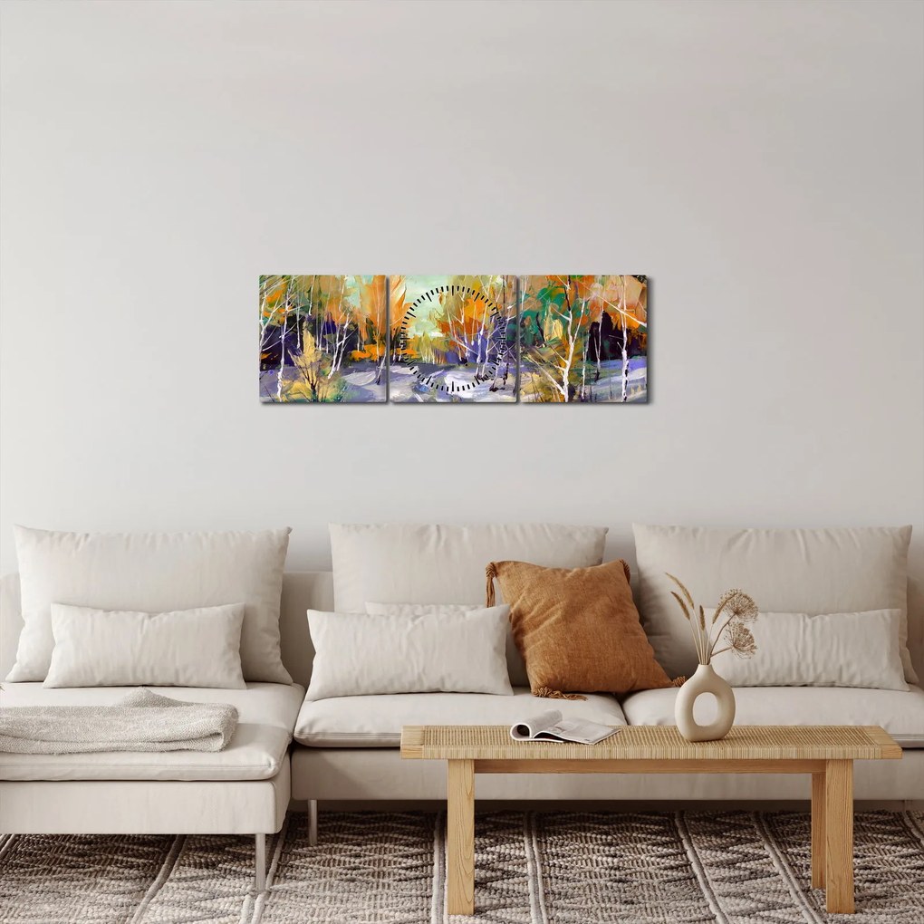 Obraz - Zaśnieżona ścieżka przez las, obraz olejny (z zegarem) (90x30 cm)