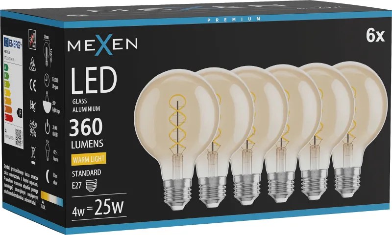 Mexen Vintis 6x żarówka filament spirala LED E27, G80, 4W, Ciepła - 2700K, 360 lm, amber - L165-E27-0427-50x06