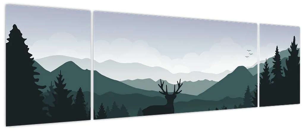 Obraz - Jeleń z wilkiem w skałach (170x50 cm)