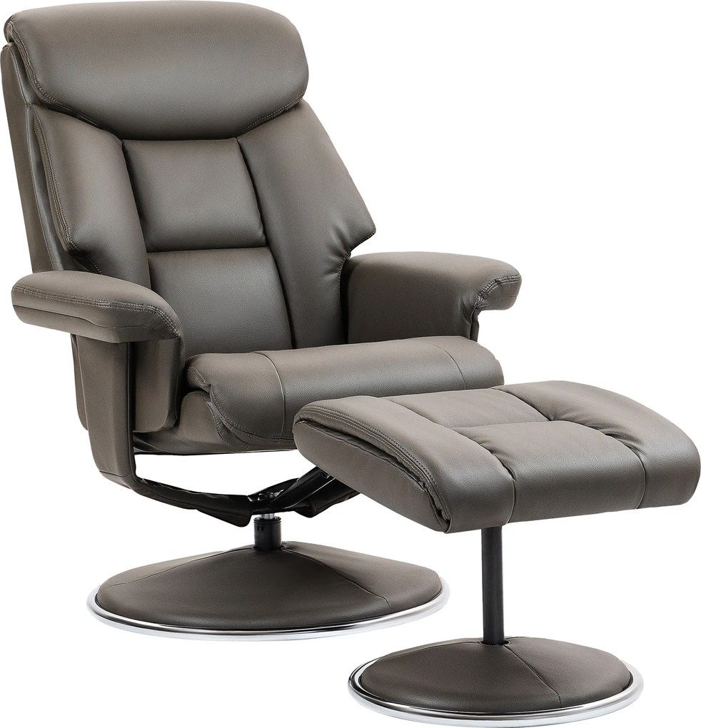 HOMCOM Fotel Relaksacyjny z Podnóżkiem, Regulowane Oparcie, Skóra Ekologiczna, do 150 kg, Szary