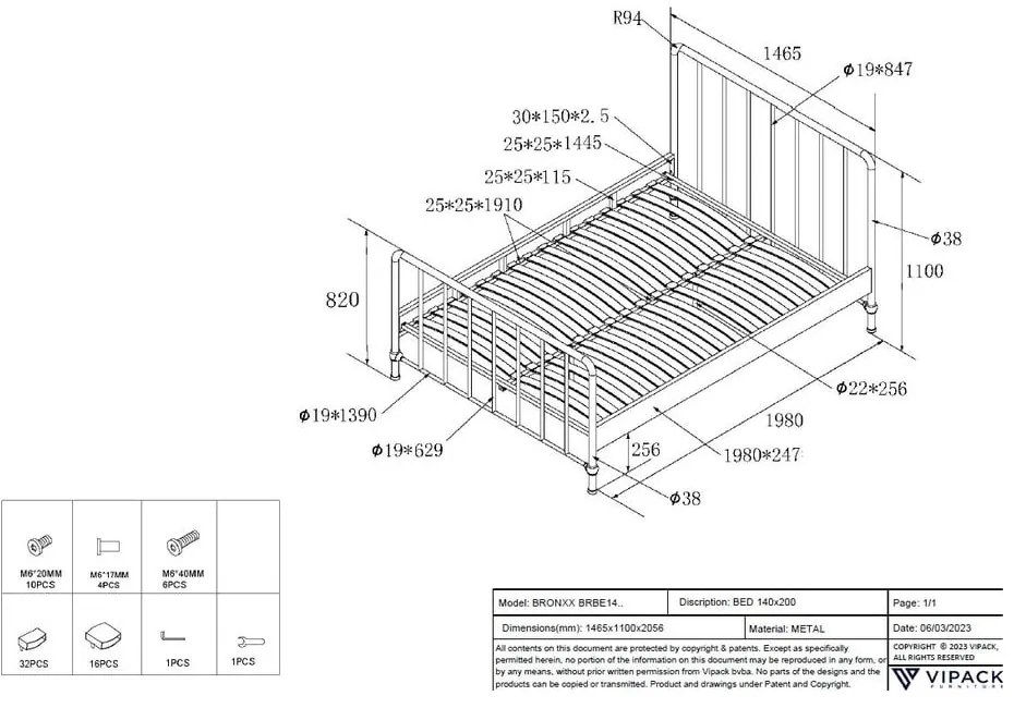 Zielone metalowe łóżko ze stelażem 140x200 cm BRONXX – Vipack