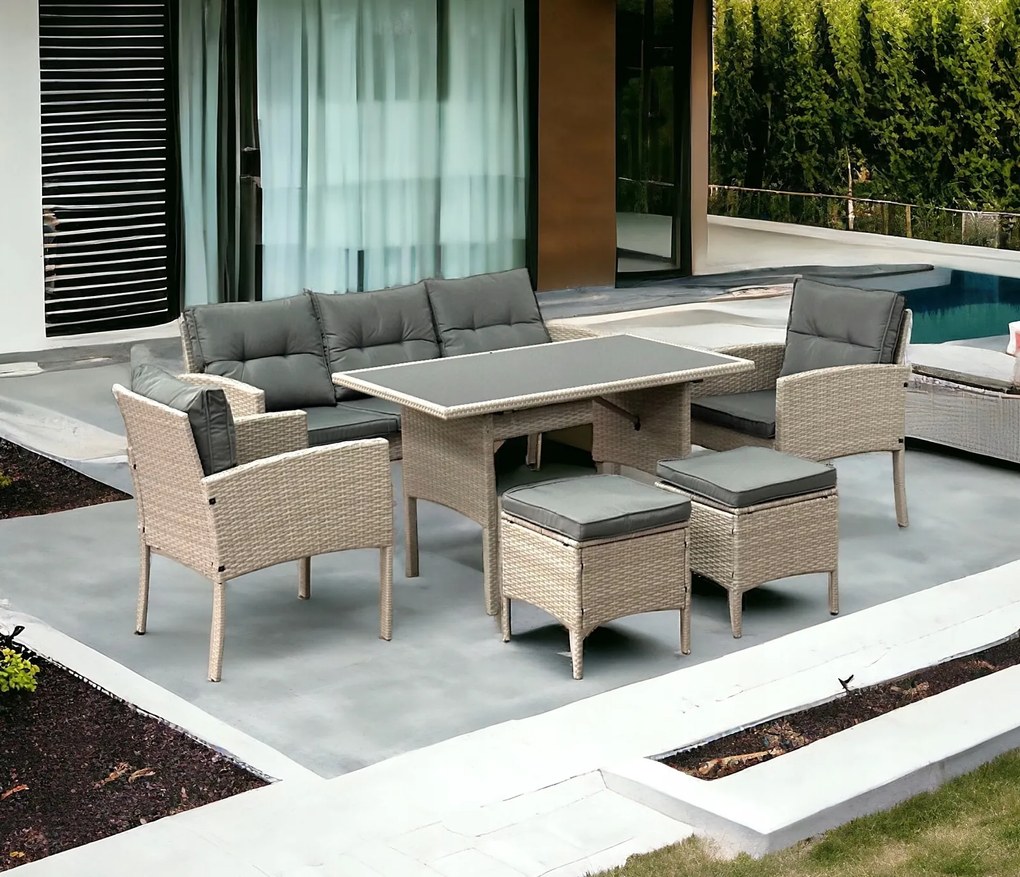 Zestaw mebli stołowych do ogrodu dla 7 osób Betim 078 jasny beż, poduszki szare