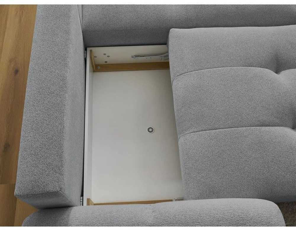 Szary rozkładany narożnik z tkaniny szenilowej ze schowkiem (prawostronny/z szezlongiem) Roxelane – Bobochic Paris