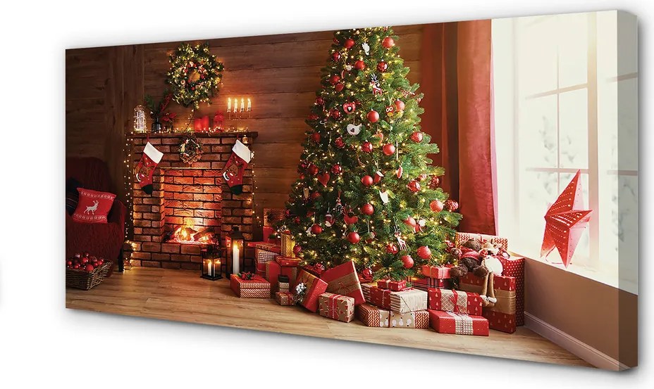 Zdjęcie na płótnie Kominek, Choinka, Prezenty i Lampki