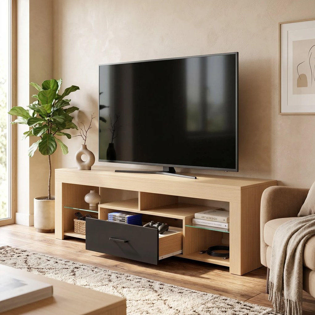HOMCOM Lowboard RTV do telewizorów do 165,1 cm, nowoczesna szafka RTV z regulowanymi półkami szklanymi, dąb | Aosom PL