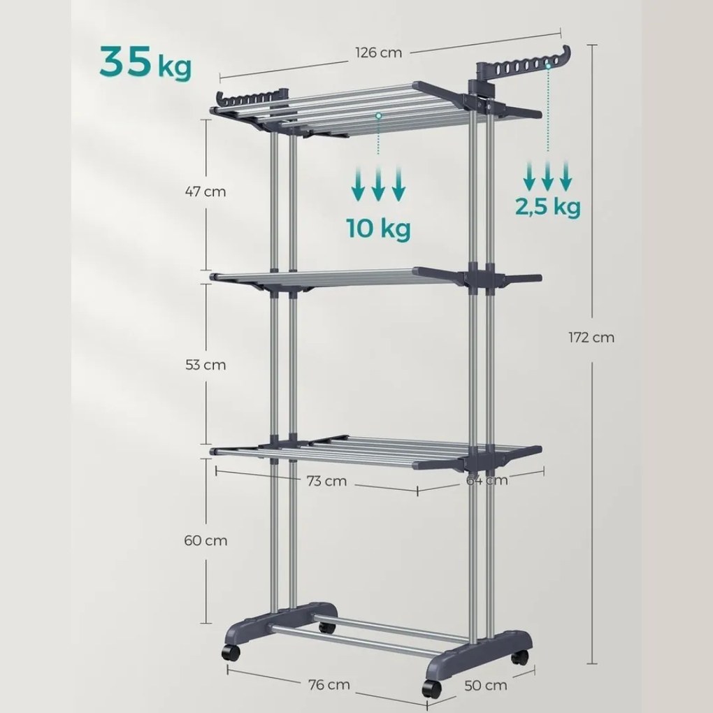SongmicsHome Suszarka na pranie ELTON z 4 poziomami na kółkach, 76x172x50 cm, szara