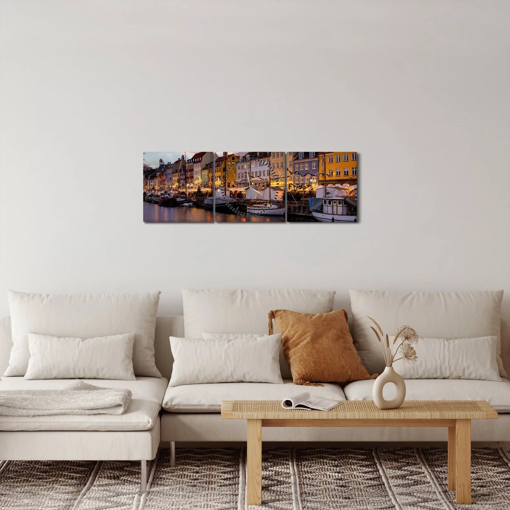 Obraz - Nyhavn, Kopenhaga (z zegarem) (90x30 cm)