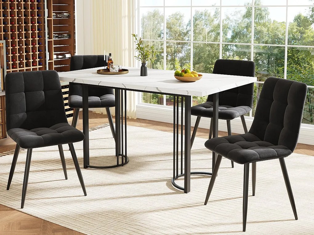 Stół jadalny i 4 krzesła - blaty z MDF, konstrukcja metalowa i poduszki z weluru - Biały i Czarny