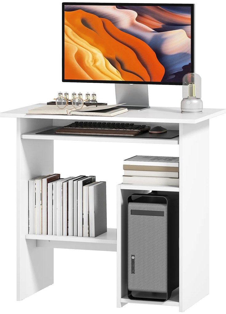 HOMCOM Biurko komputerowe, z półkami, Płyta wiórowa, Metal, 80 x 45 x 75 cm, Białe