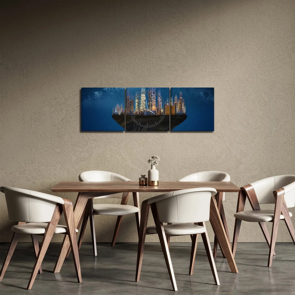 Obraz - Wielkie miasto unoszące się w kosmosie (z zegarem) (90x30 cm)