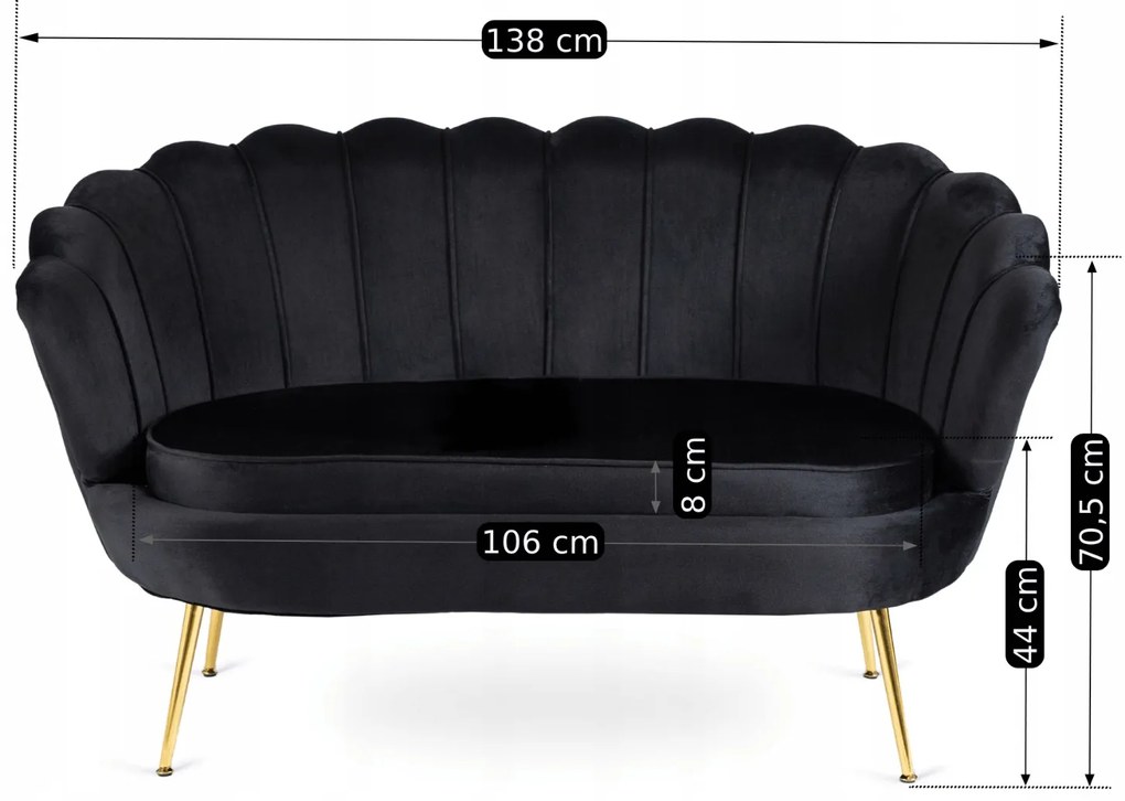 Sofa ZENDAYA Dwuosobowa Czarna Muszelka Glamour do Salonu