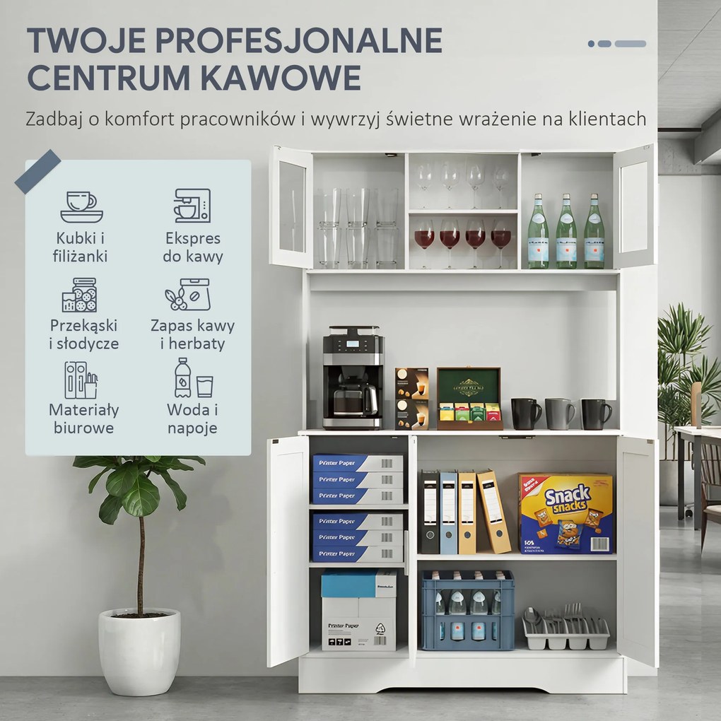 HOMCOM Szafka kuchenna, Design skandynawski, 4 szafki, Regulowane półki, Drzwi ze szkła, Otwarta przestrzeń, Płyta wiórowa, MDF, Biały