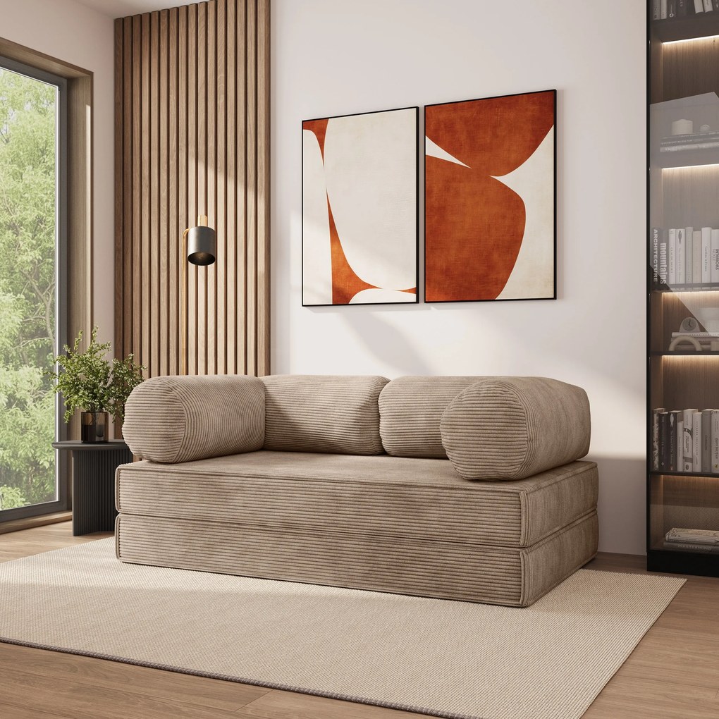 Masseno Sofa piankowa ALVIO z funkcją spania, Kanapa z pianki do salonu, Bezmontażowa, Tkanina sztruksowa – Beżowy POSO 02