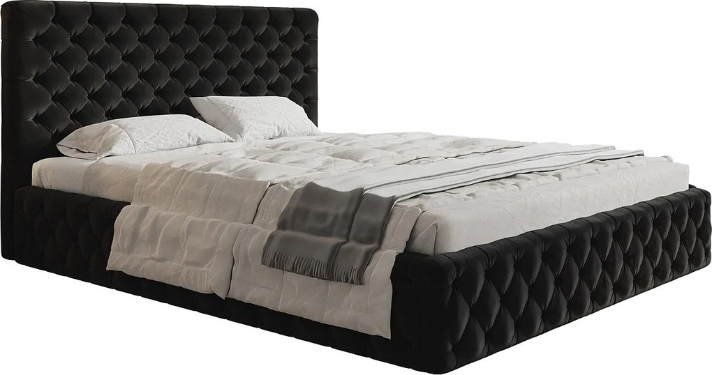 Łóżko tapicerowane 200x200 cm z pojemnikiem Furis - łóżko w stylu glamour w tkaninie welurowej - pojemnik i stelaż metalowy - czarny (Amor Velvet 4322)