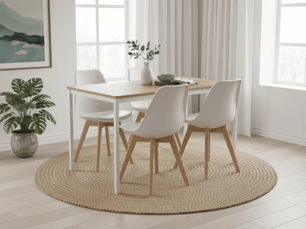 Zestaw jadalniany 1 + 4, stół RAMOD 100x60 cm biały/dekor dąb + białe krzesło KITO