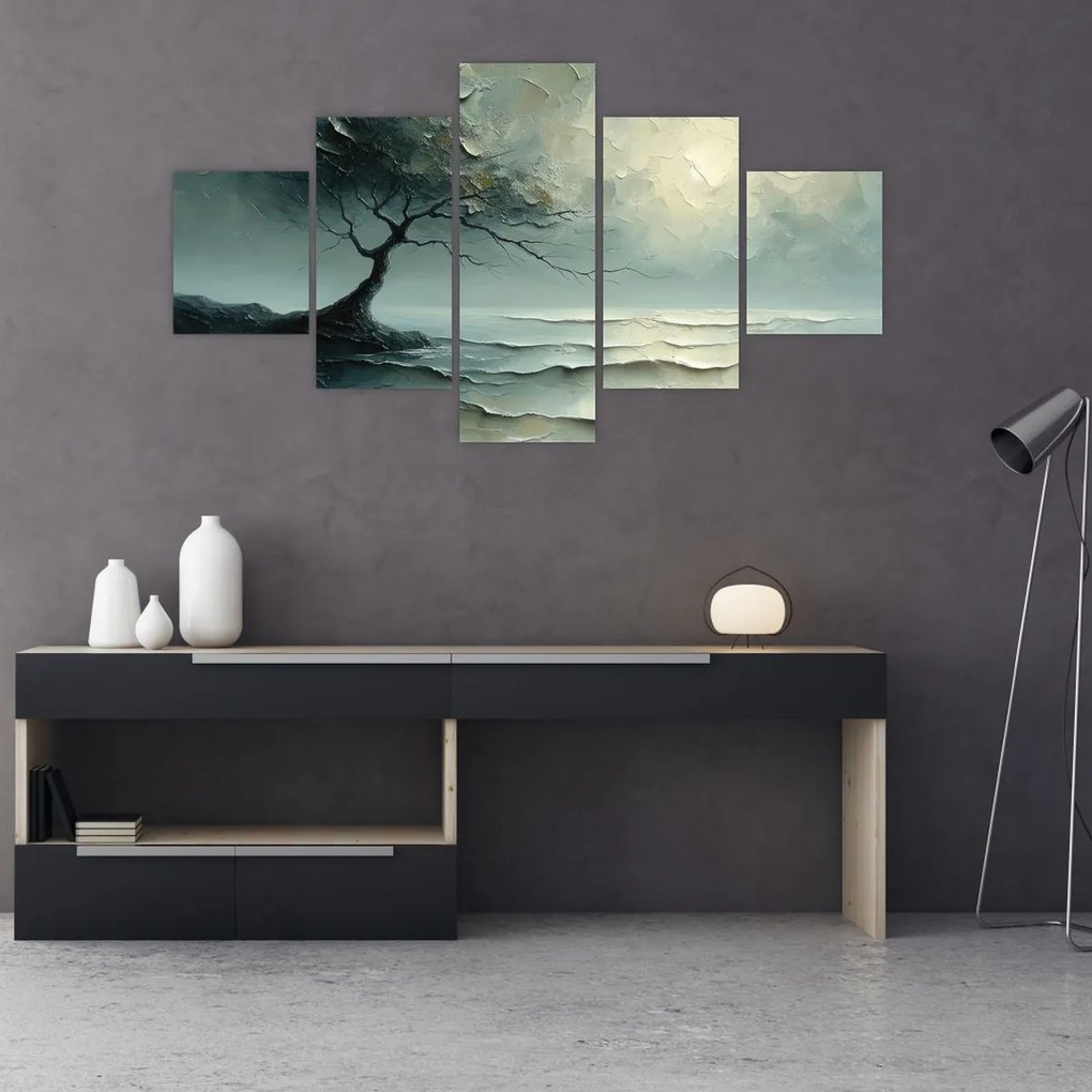 Obraz - Obraz olejny przedstawiający drzewo z oceanem (125x70 cm)