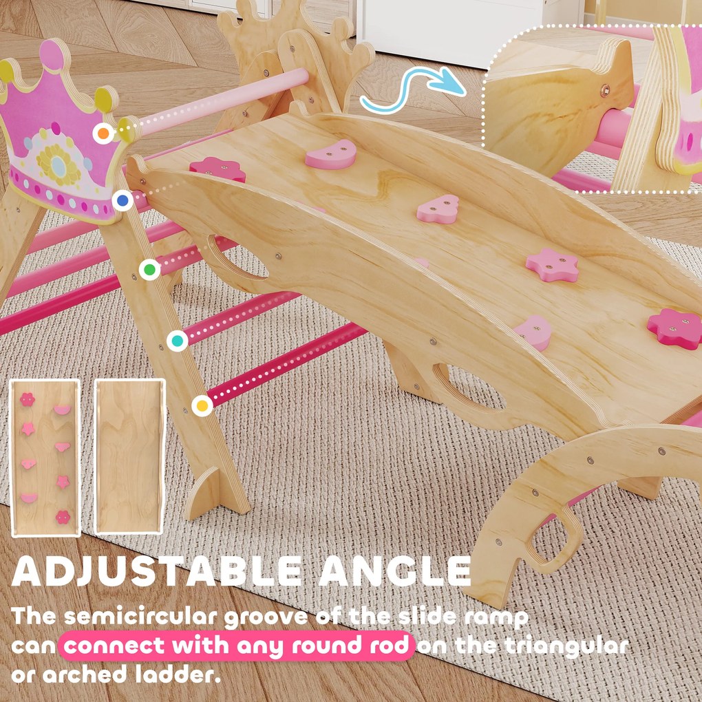 AIYAPLAY 8-in-1 konstrukcja wspinaczkowa do wnętrz dla dzieci, motyw księżniczki, zjeżdżalnia, rampa, łuk, drewno