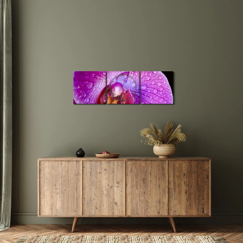 Zbliżenie kwiatu orchidei (z zegarem) (90x30 cm)