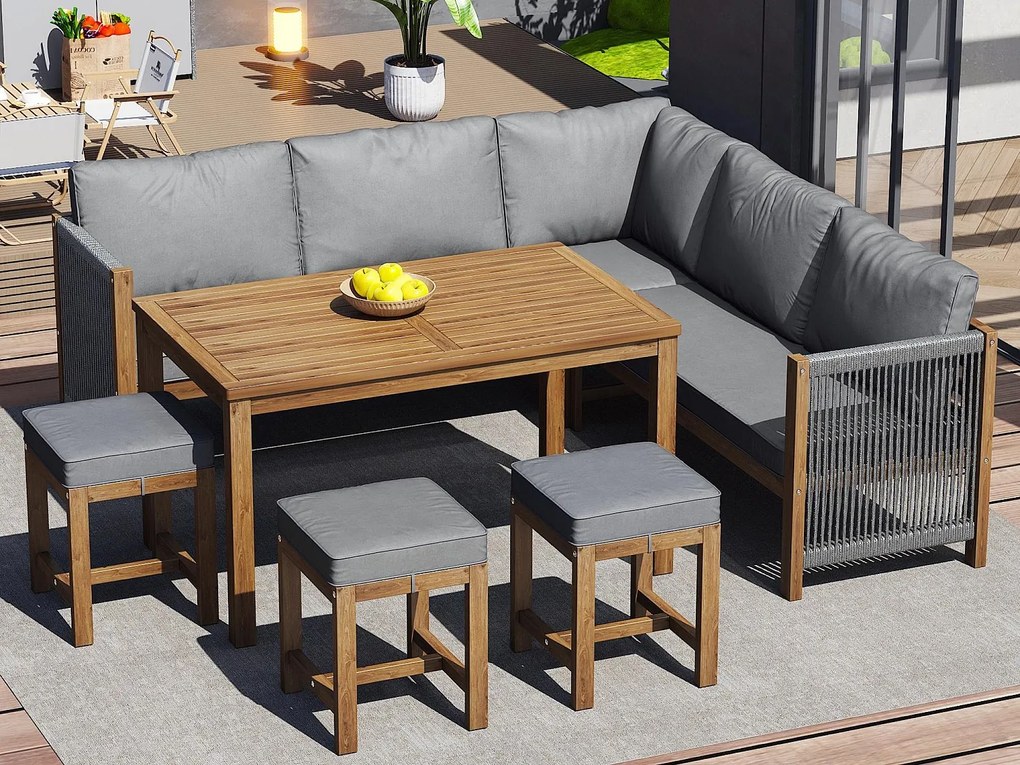 Salon ogrodowy na 7-8 osób - 2 kanapy, 3 taborety i 1 stół jadalniany - konstrukcja z Drewna akacjowego - Szary
