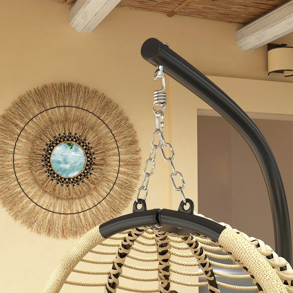 Outsunny Fotel wiszący z ramą, składany jajowaty fotel wiszący z zdejmowanym siedziskiem uchwyt na kubek lina zabezpieczająca beżowy | Aosom PL