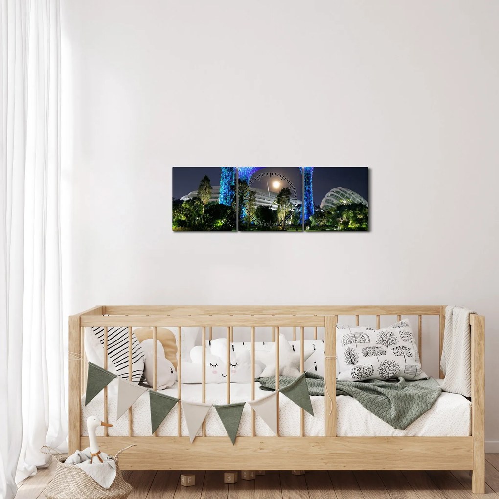 Obraz przedstawiający pełnię księżyca w ogrodach Singapuru (z zegarem) (90x30 cm)