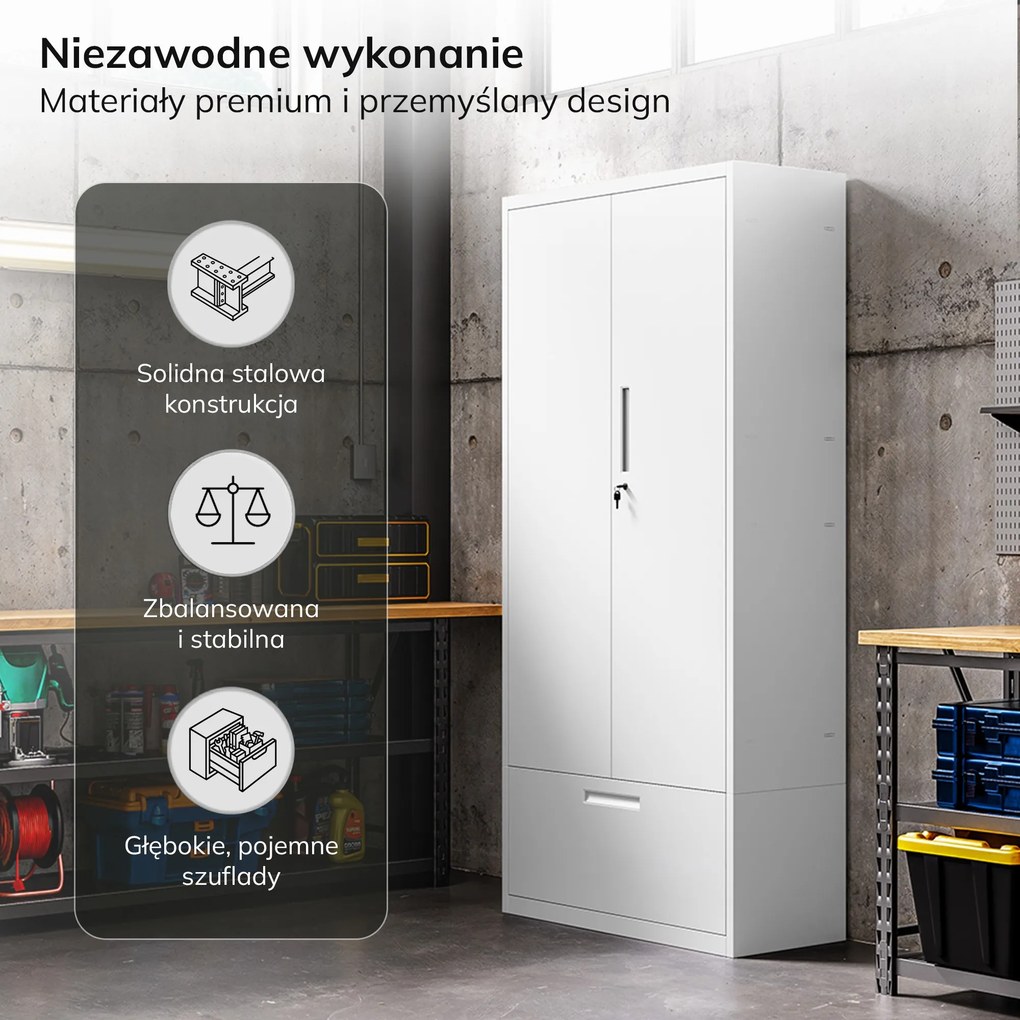 Szafa modułowa metalowa z półkami na cokole biała, 1600x900x400 mm: MEGAN