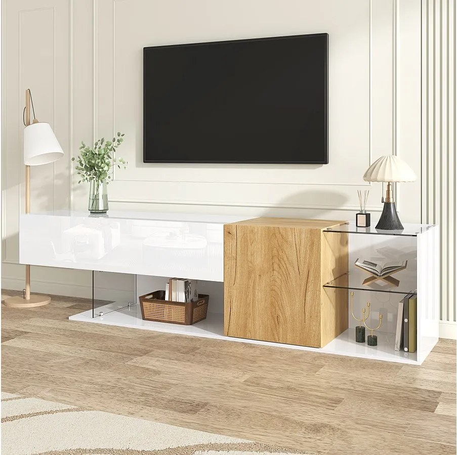 Biały połysk - szafka pod telewizor z 2 drzwiami i 3 otwartymi schowkami - szklane półki