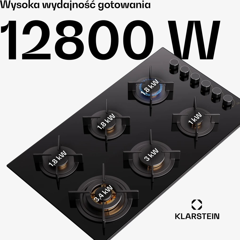 Klarstein Goldflame 90cm Płyta Gazowa 6 Palników Czarny