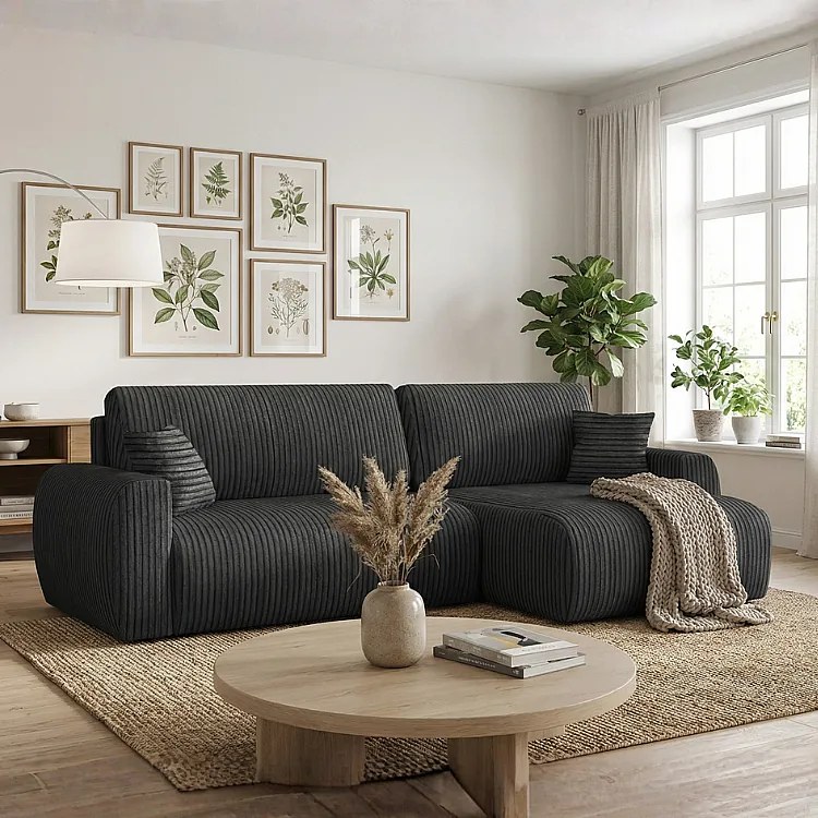 Stylowy narożnik rozkładany prawostronny  ARIEL L 250x142x87 cm w tkaninie Velo 19 czarnej