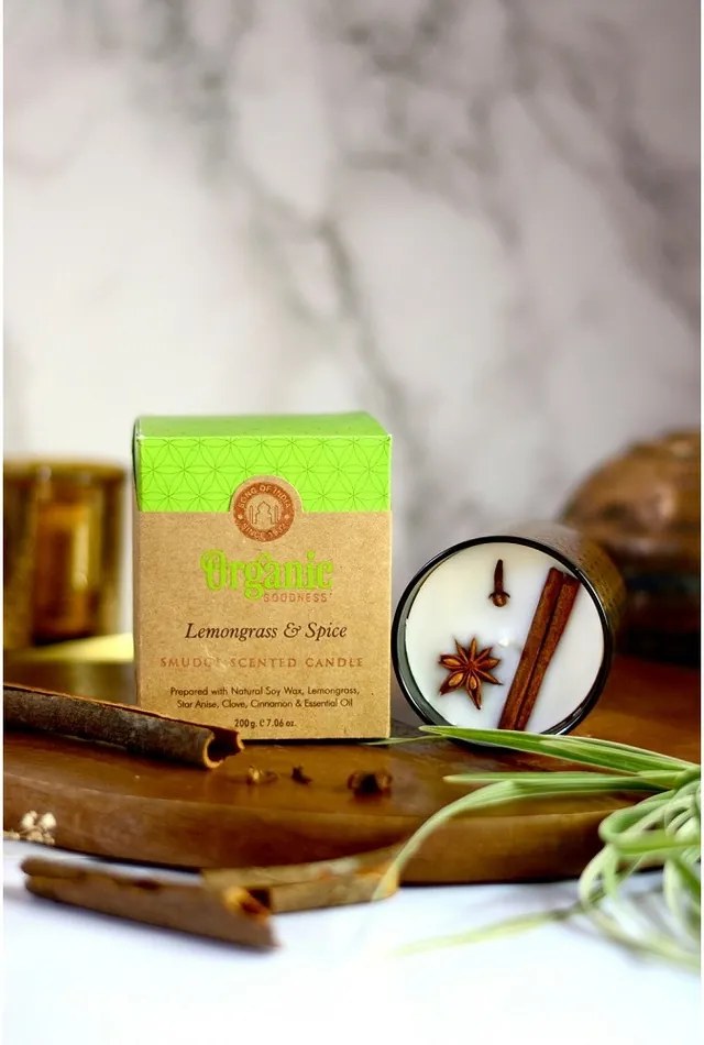 Organiczna świeca kadzidlana Lemongrass & Spice 200 g w szklanym słoiku ze złotą folią