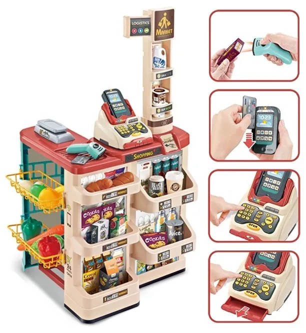 Woopie sklep supermarket z wózkiem sklepowym waga kasa skaner + 48 akc.