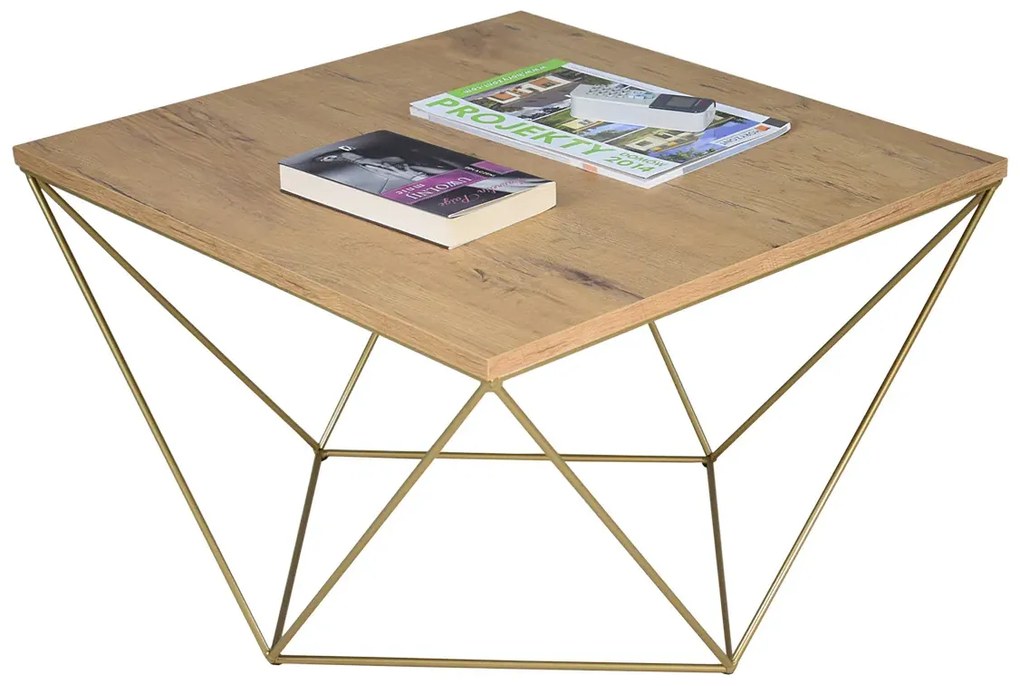 Druciany stolik kawowy dąb lancelot + złoty T9-A55