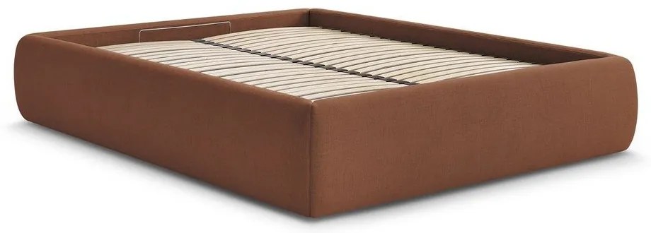 Pomarańczowe tapicerowane łóżko dwuosobowe bez zagłówka ze schowkiem i stelażem 160x200 cm Inera – Bobochic Paris