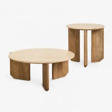 Zestaw 2 Okrągłych Stolików Kawowych Z Naturalnego Kamienia I Drewna Mango Lavinia Travertine & Naturalna - Sklum