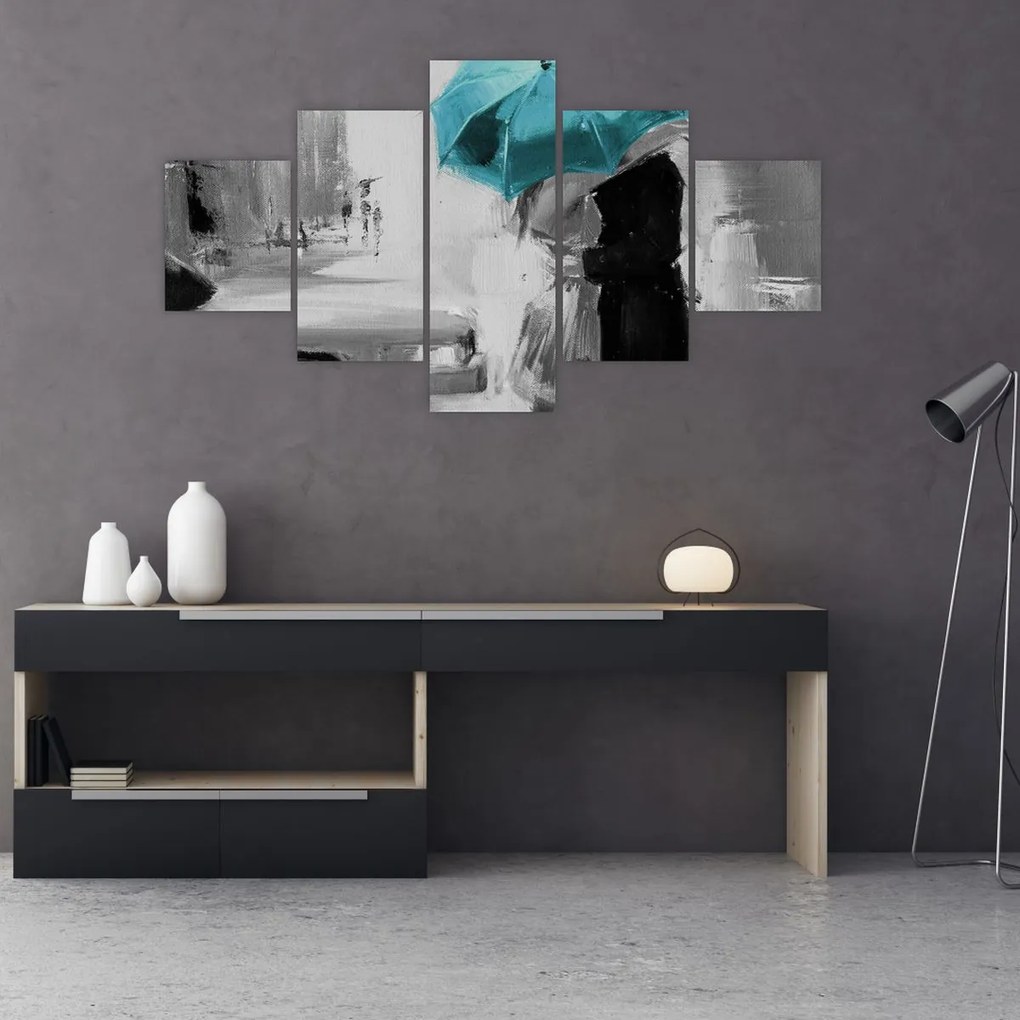 Obraz - Zakochana para z parasolem, niebieski (125x70 cm)