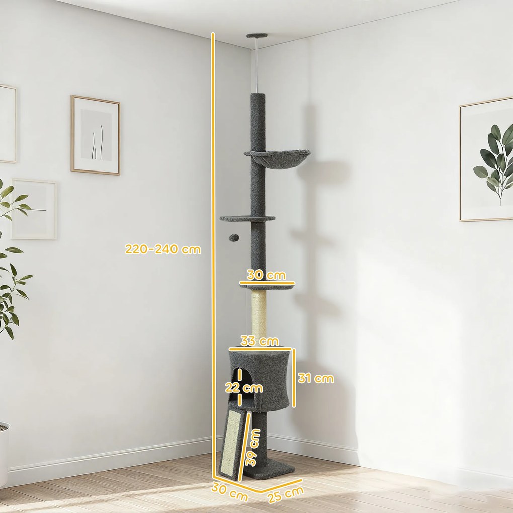 PawHut Drzewko dla kota, kryjówka, hamak, regulowana wysokość, drapak obity tkaniną, szary