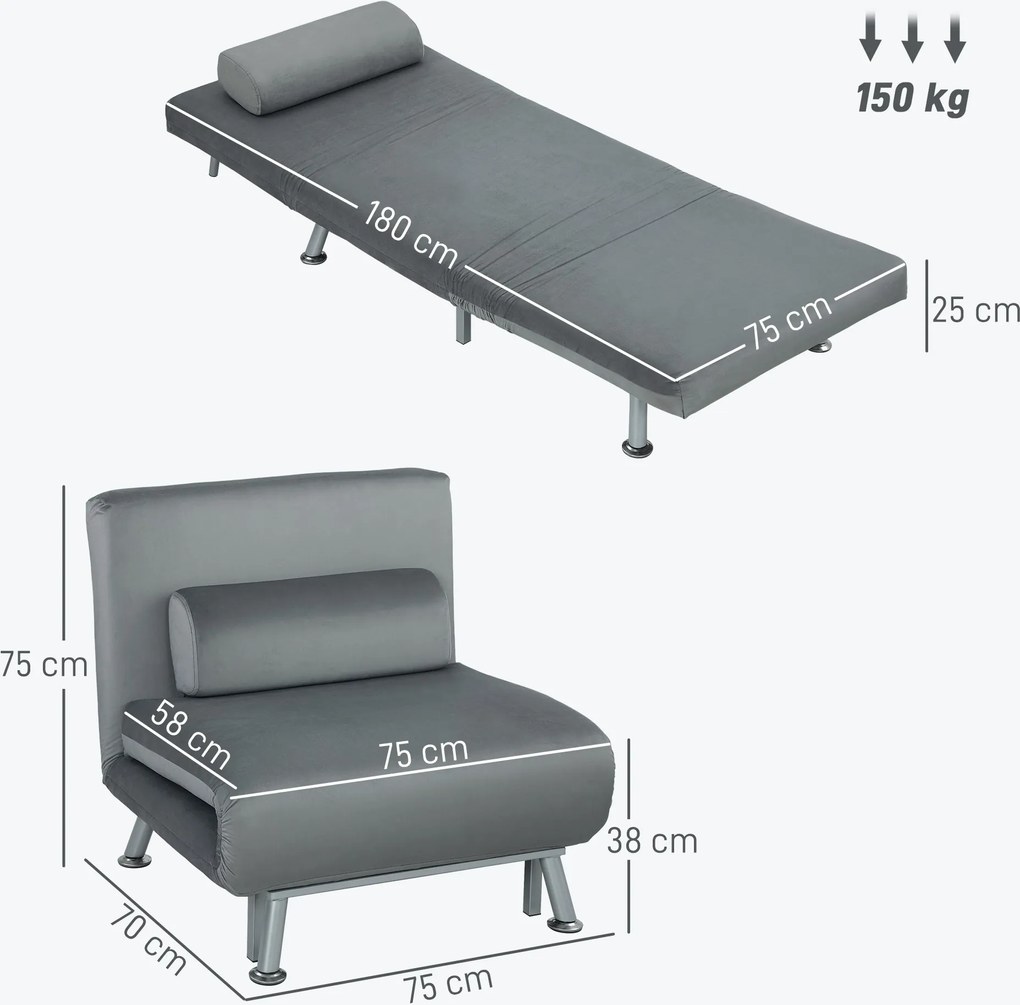 HOMCOM Składany fotel z funkcją łóżka, rozkładany fotel relaksacyjny w stylu welurowym, regulowane oparcie, 75 x 70 x 75 cm, Szary