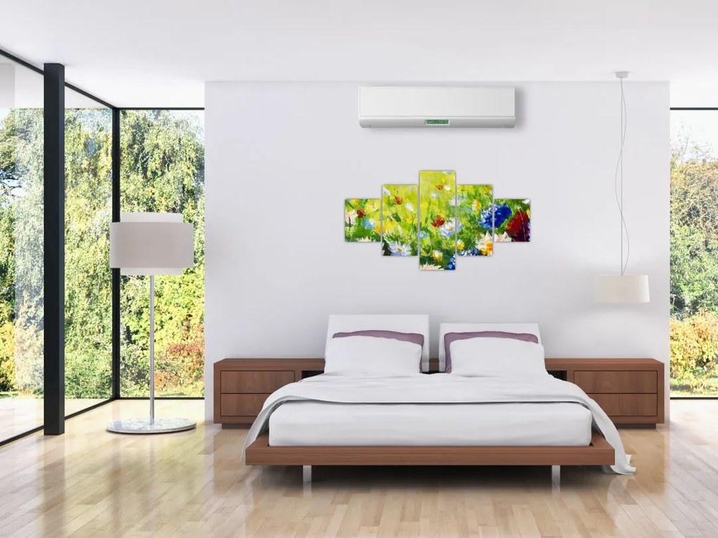 Obraz kwitnącej łąki, obraz olejny (125x70 cm)