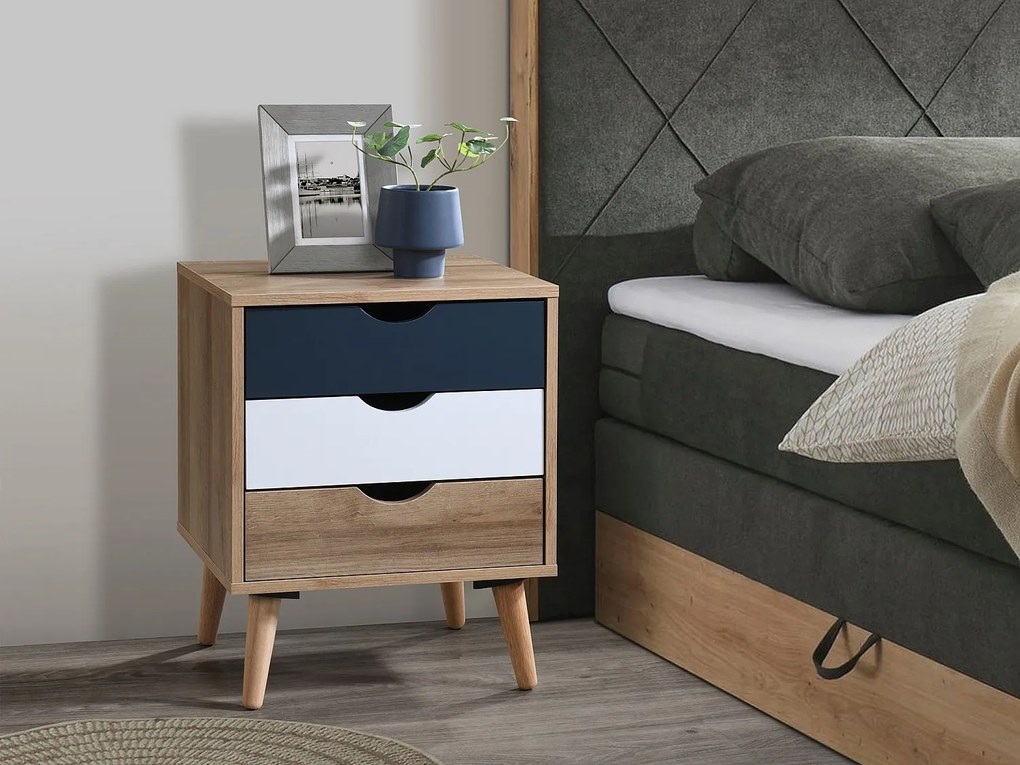 Zestaw 2 szafek nocnych z 3 szufladami - Kolory: Naturalny, biały i granatowy - LURVIA