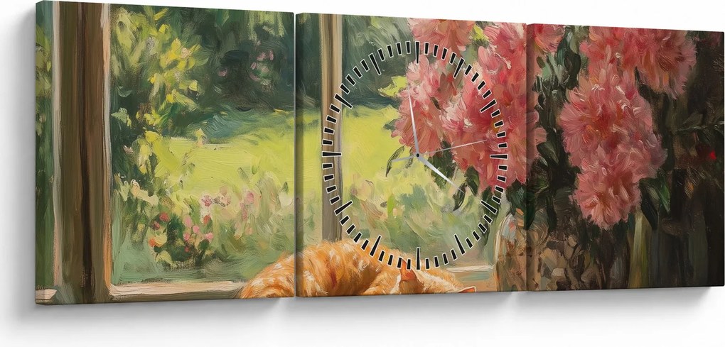 Obraz - Kot na oknie (z zegarem) (90x30 cm)