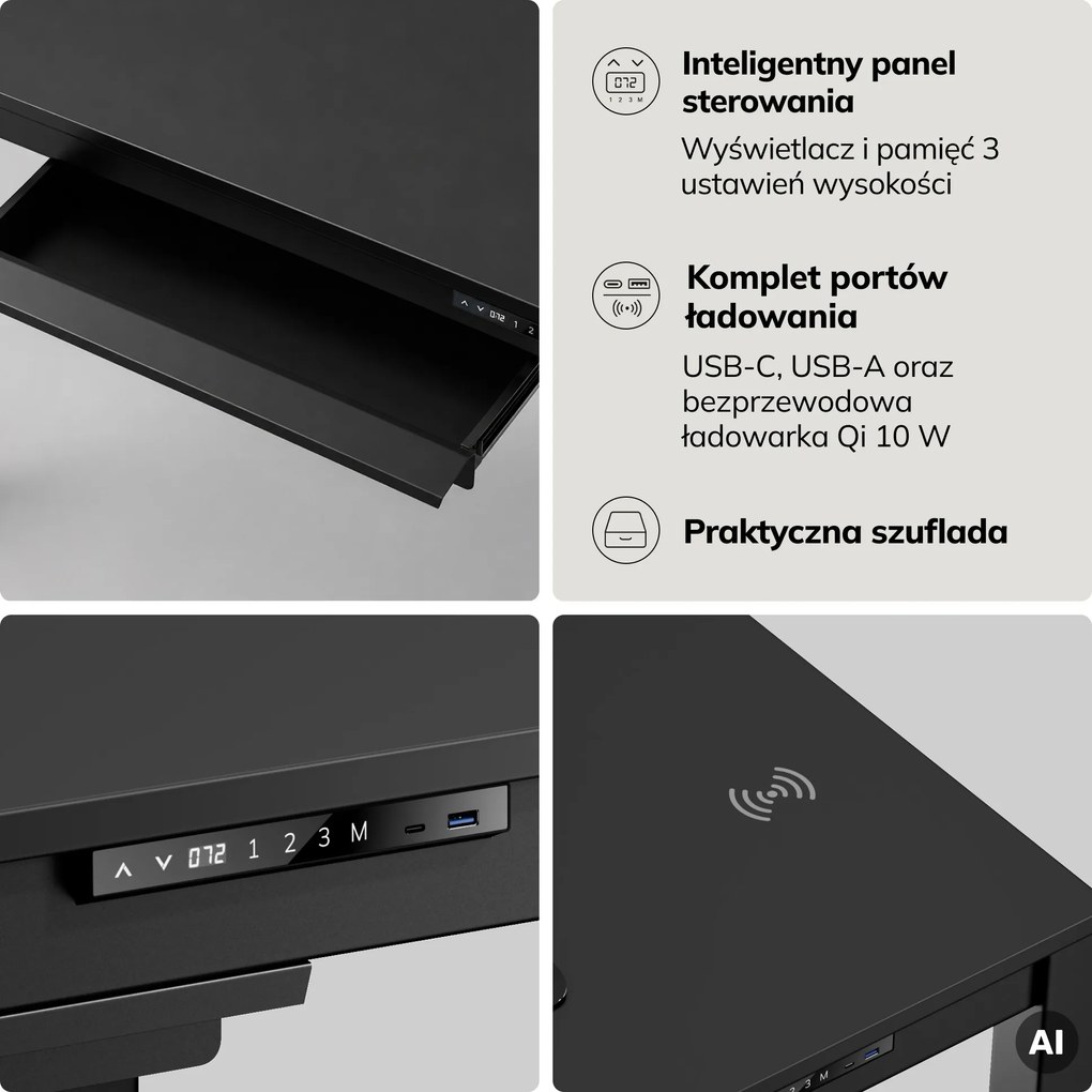 Biurko regulowane elektrycznie podnoszone czarne, 120x63 cm: EVAN
