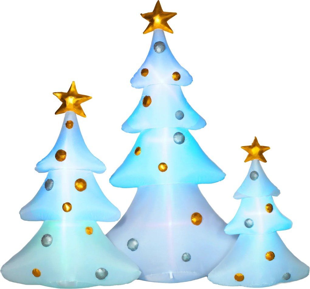 HOMCOM Zestaw 3 nadmuchiwanych choinek świątecznych, w tym wentylator, na zewnątrz i do wnętrz, z zestawem montażowym, Biały+Złoty