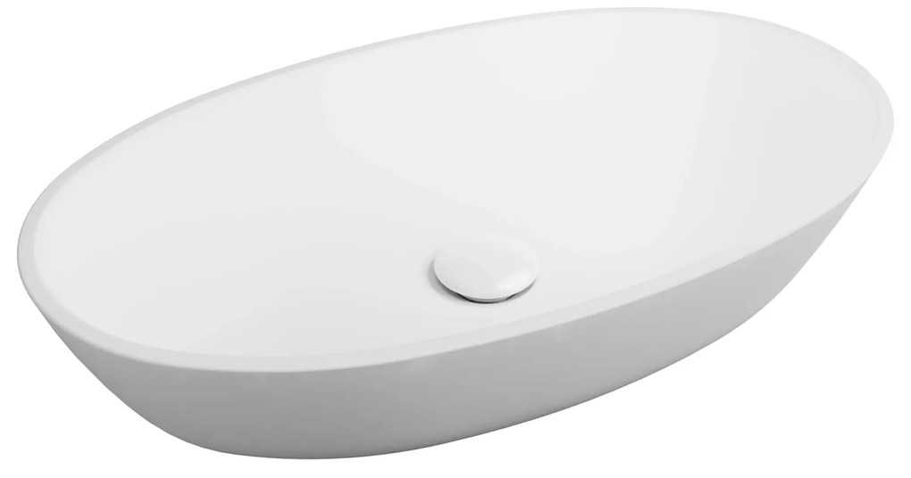 Umywalka nablatowa owalna z konglomeratu biała błyszcząca bez otworu na baterię 60 x 35 cm RONA white Glow
