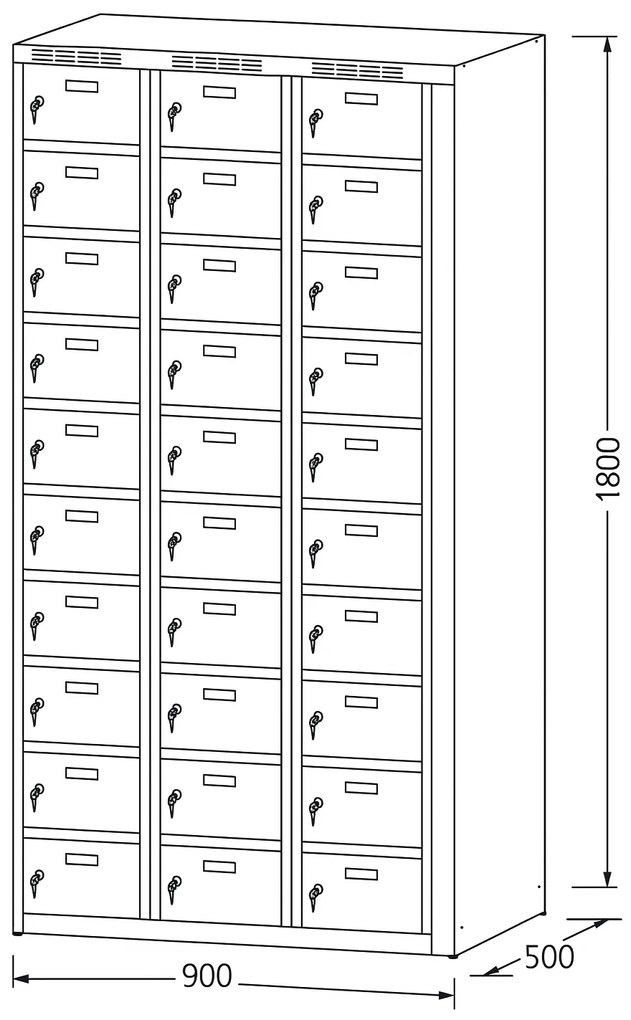 Alfa 3 Szafka skrytkowa S6, 30 schowków, 1800 x 900 x 500 mm, zamek cylindryczny, drzwi ciemnoszare