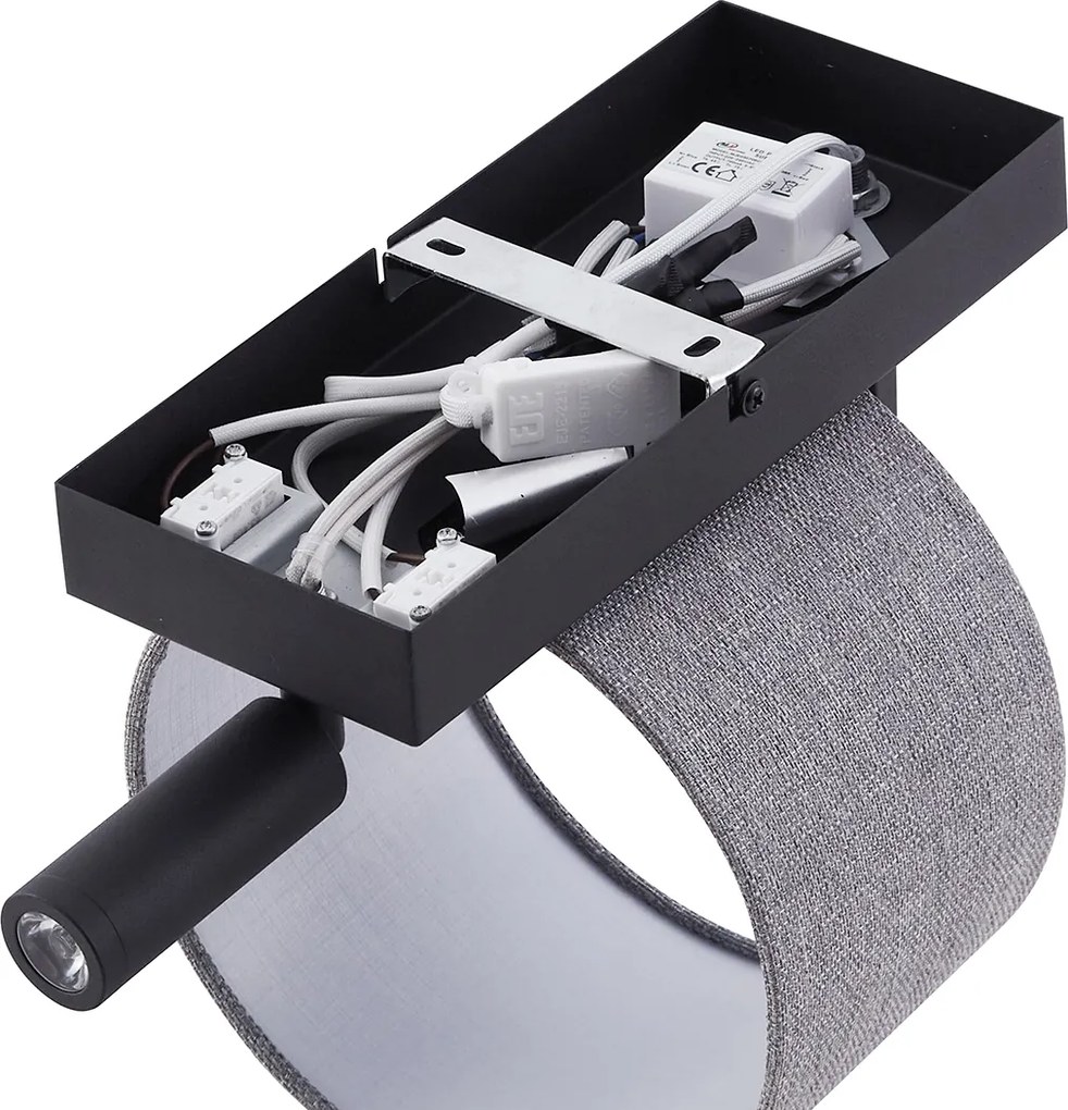 Nowoczesna lampa ścienna czarna z szarym kloszem i lampką do czytania - Puglia